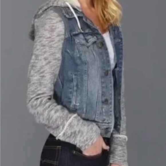 Free People Jackets & Blazers - Free People Blue Denim Distressed Jacket with Gray Sleeves and hood